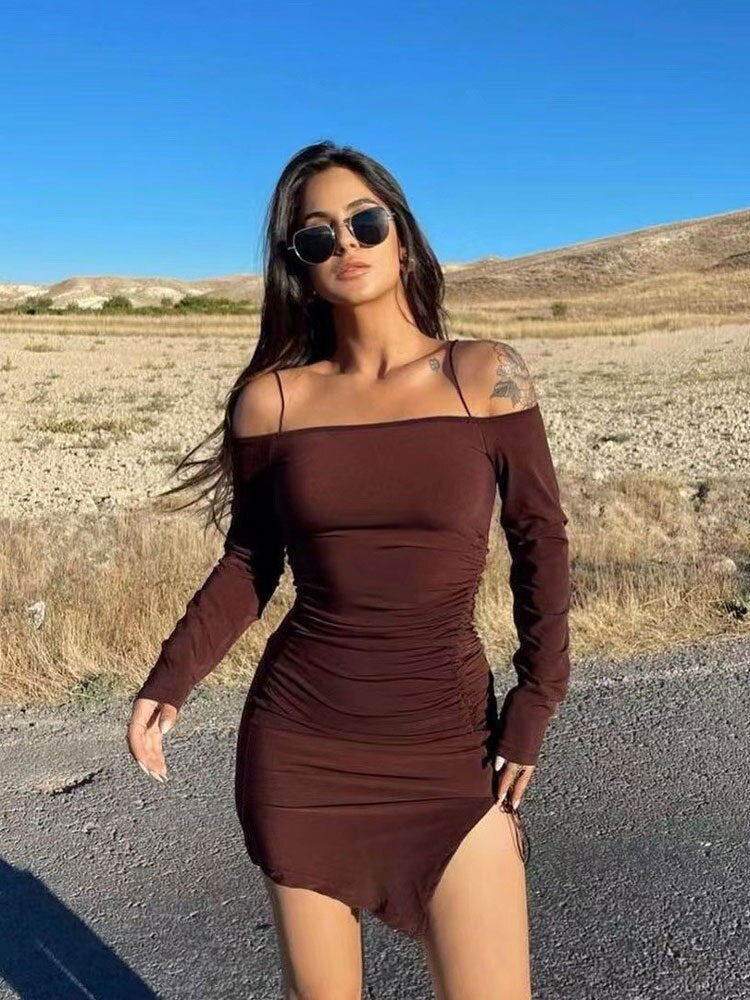 swvws Sunny Autumn Ruched Sexy Y2K Clothes Long Sleeve Backless Side Slit Bodycon Mini Dresses For Women Club Party Elegant Outfits