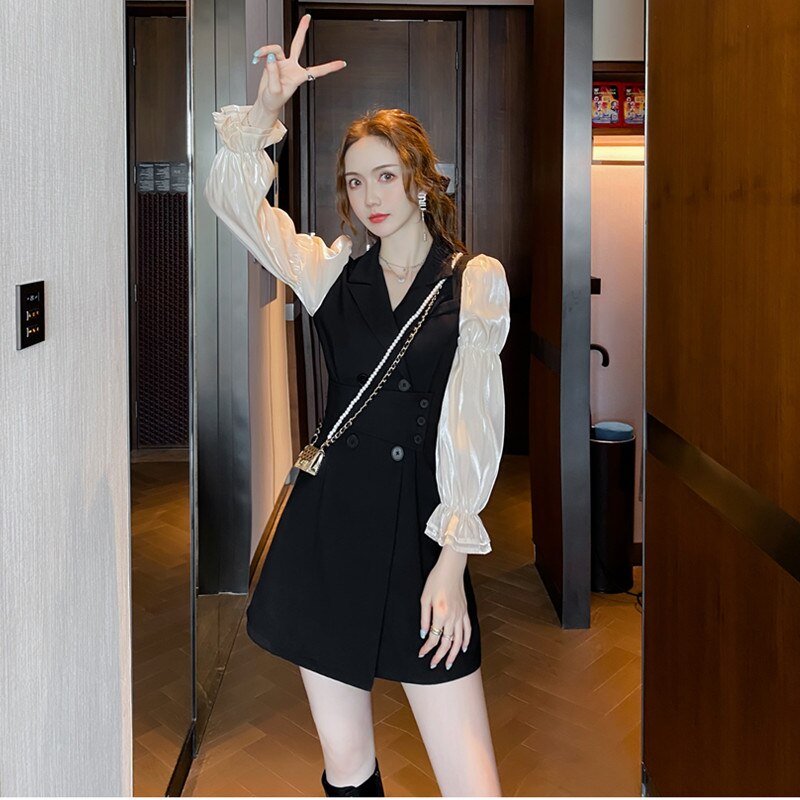 swvws Korean Black Patchwork Short Dresses Women  Autumn New Fashion Slim Office Lady Notched Collar Long Sleeves Female Clothing