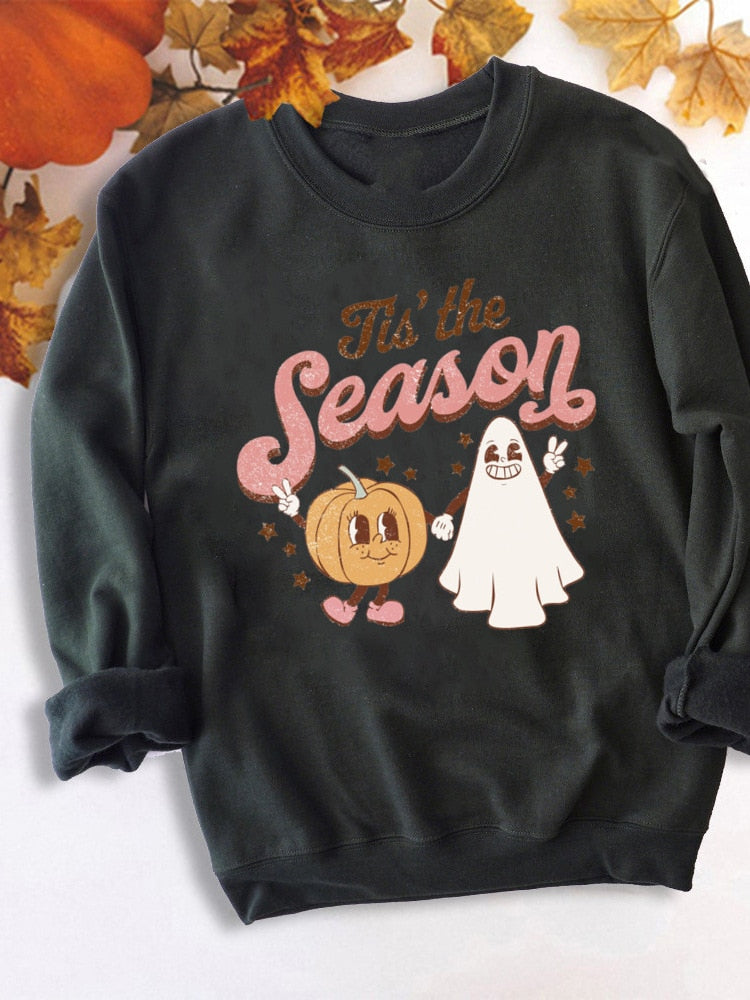 swvws Halloween Costume Colored Tis' The Season Pumpkin Spice Sweatshirt Retro Fall Women Long Sleeve Autumn Halloween Pullovers Streetwear Outfits