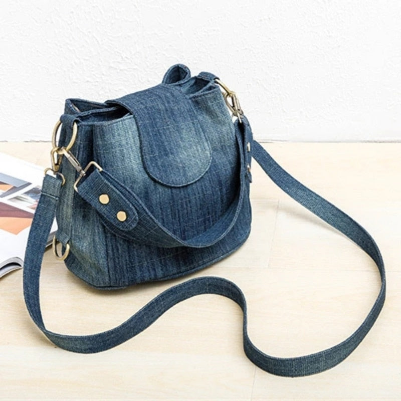 swvws  Casual Denim Bucket bag for women Shoulder Crossbody Bag Multiple pockets  ladies handbag Luxury design Female big Totes blue