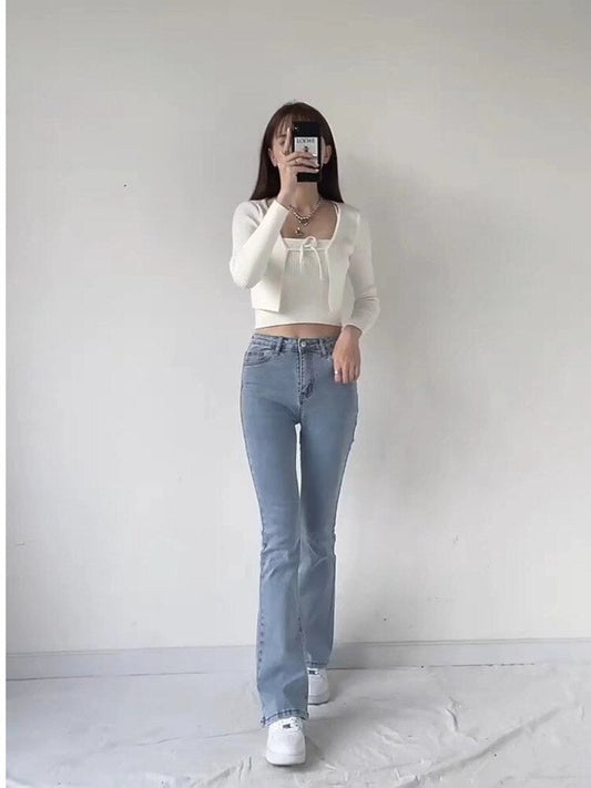 swvws split jeans women's spring and autumn new high-waisted slim fit slim wide-legged micro-flare mopping pants trendy ins