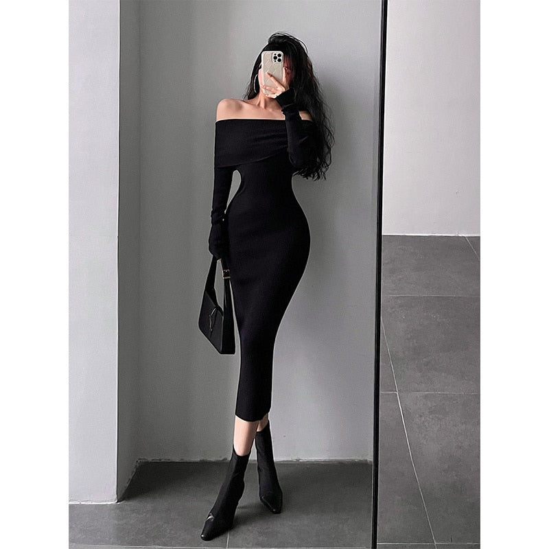 swvws Slash Neck Tight Long Skinny Hip Long Sleeve Maxi Long Sweater Dress Red Korean Fashion Tops   DL7K