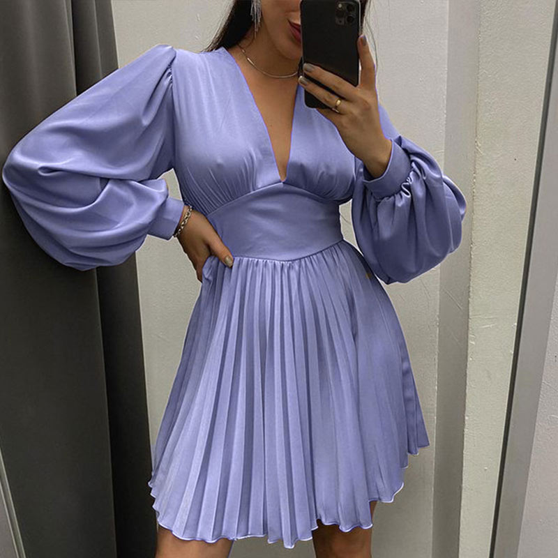 swvws Women Summer Vintage Klein Blue Draped Lantern Sleeves V Neck Mini Dress Female Satin Stitching Pleated High Waist Dress