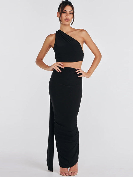 BACK TO COLLEGE  Elegant Women's Summer Two-piece Set Fashion Bandage Halter Crop Top High Waist Bodycon Skirts Evening Party Black Dress