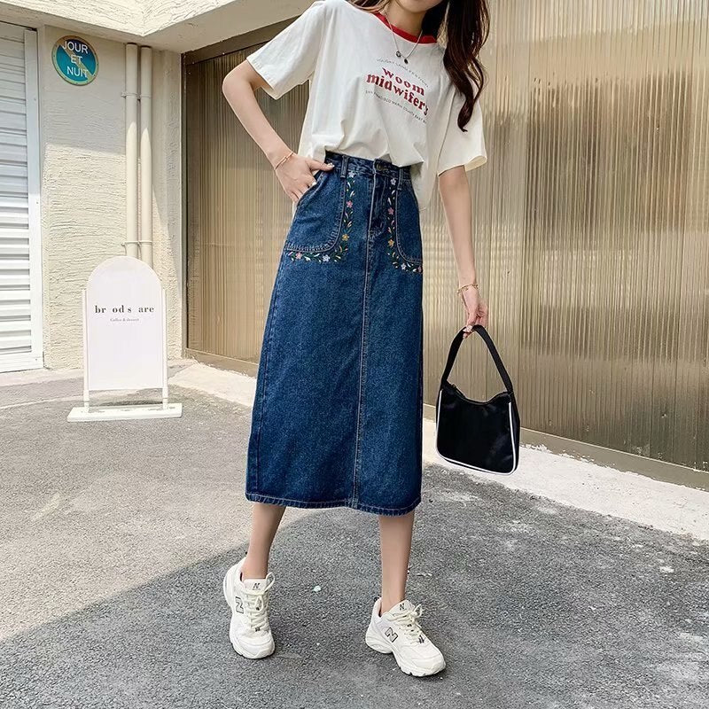 swvws  New Denim Skirt Women's Spring And Autumn Design Sense Mid-length High Waist Large Size Slim Embroidered Long Skirt