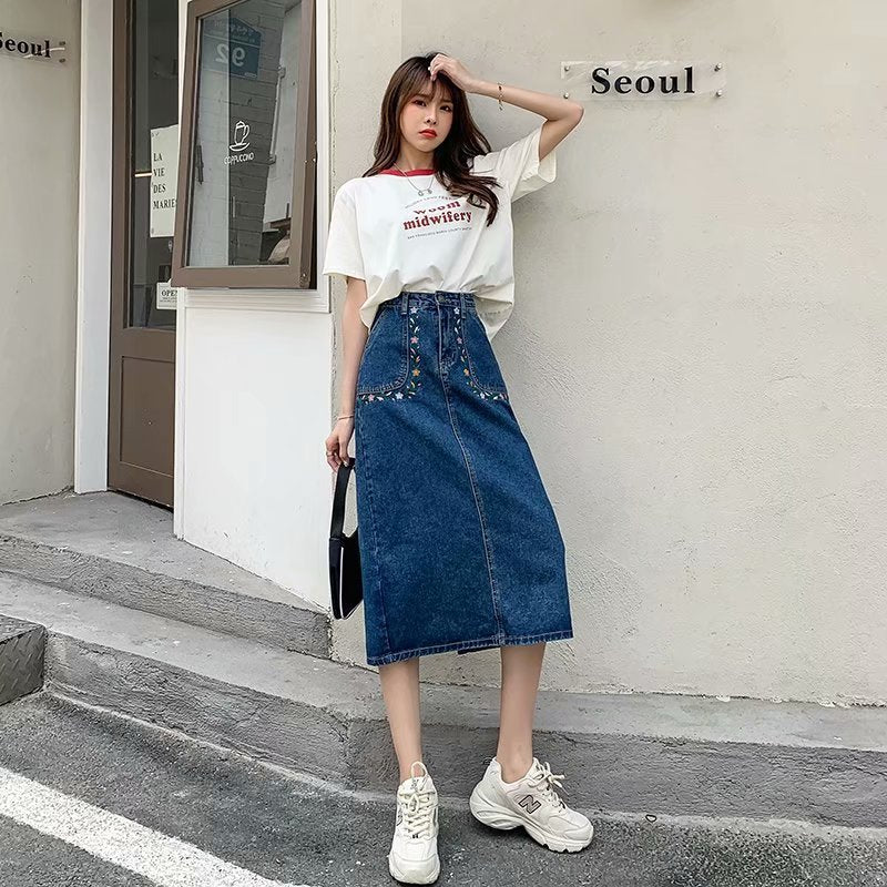 swvws  New Denim Skirt Women's Spring And Autumn Design Sense Mid-length High Waist Large Size Slim Embroidered Long Skirt