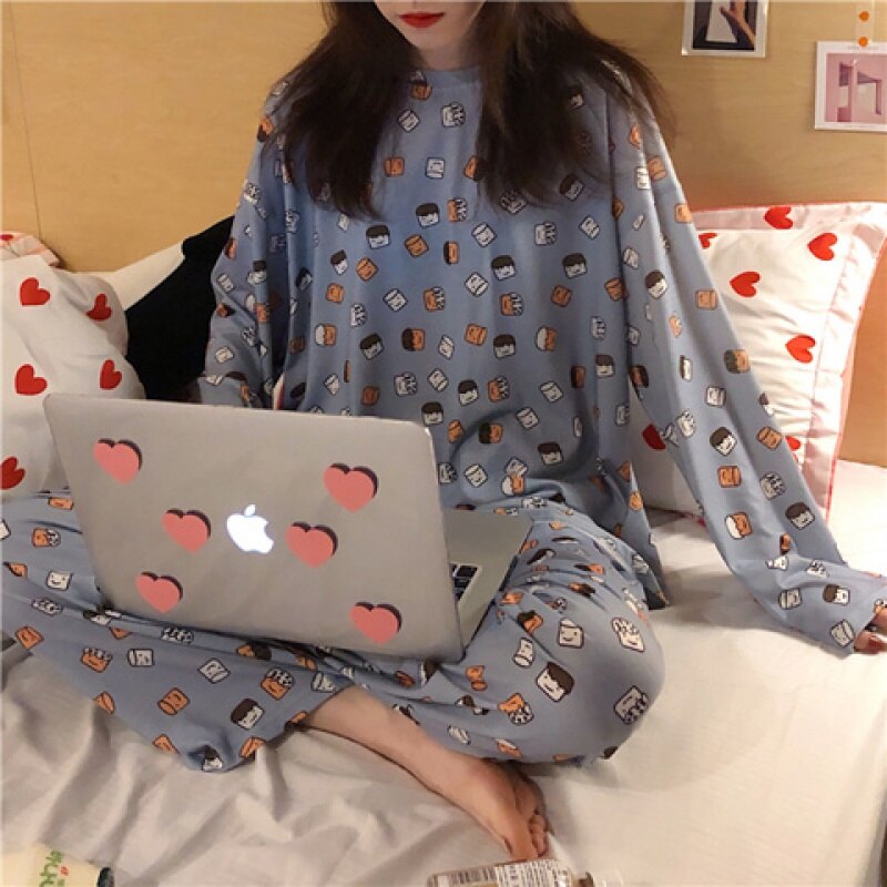 swvws Spring And Autumn Pajamas Women's Long-Sleeved Trousers Two-Piece Set Of Milk Silk Thin Section Breathable Student Home Clothes