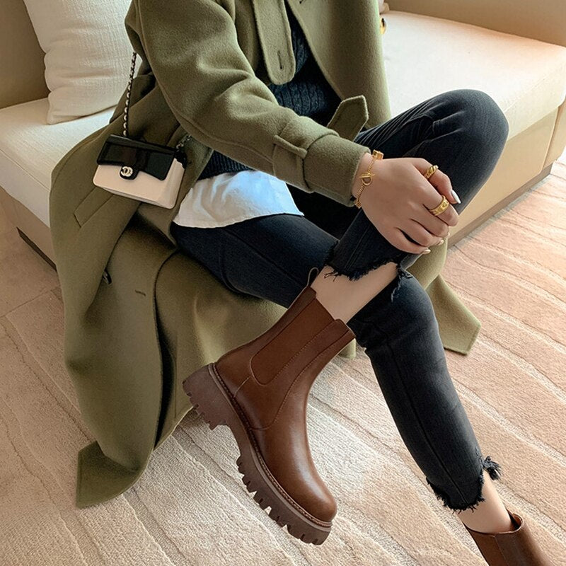 swvws  fashion inspo   NEW Fall/Winter Shoes Women Split Leather Ankle Boots Round Toe Chunky Shoes for Women Solid Chelsea Boots Leisure Black Boots