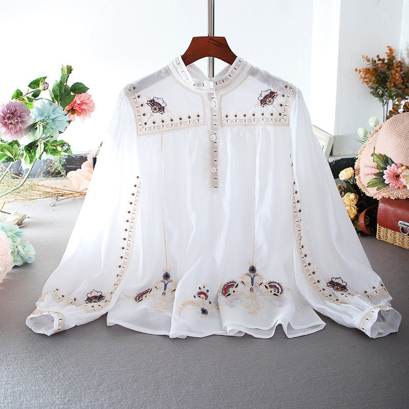 swvws Vintage Print White Blouse Women  Spring Autumn Elegant Long Puff Sleeve Casual Shirts Female Korean Style Sweet Lady Tops