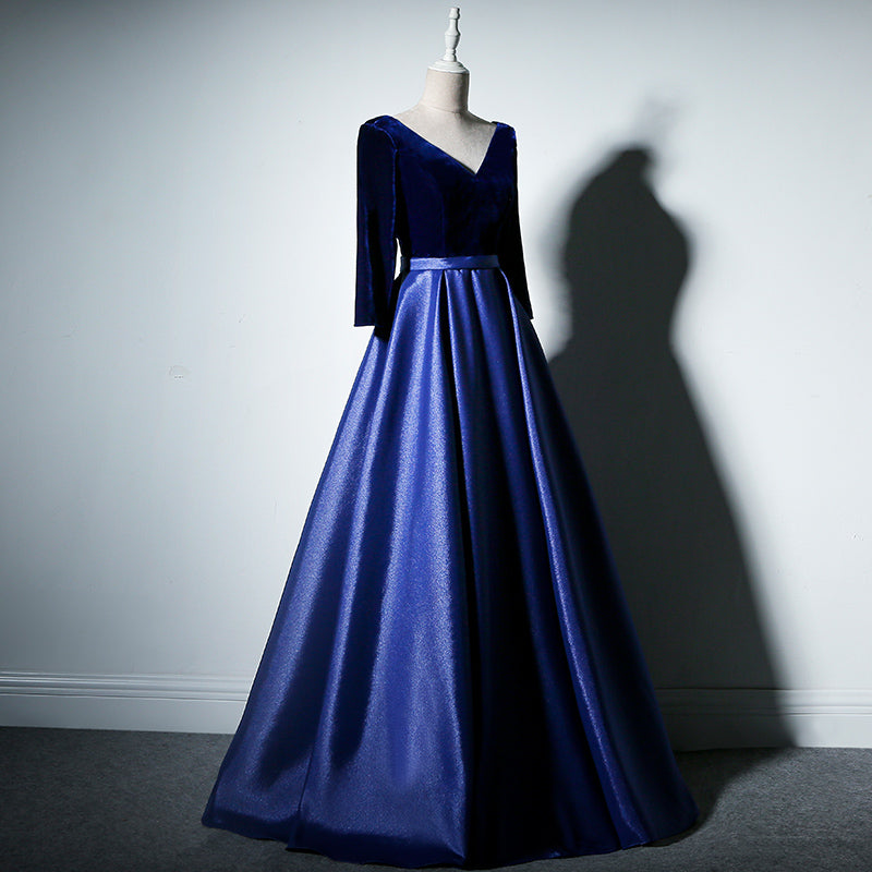 Tmallworld Charming Royal Blue Satin with Velvet Long Prom Dress, Bridesmaid Dress