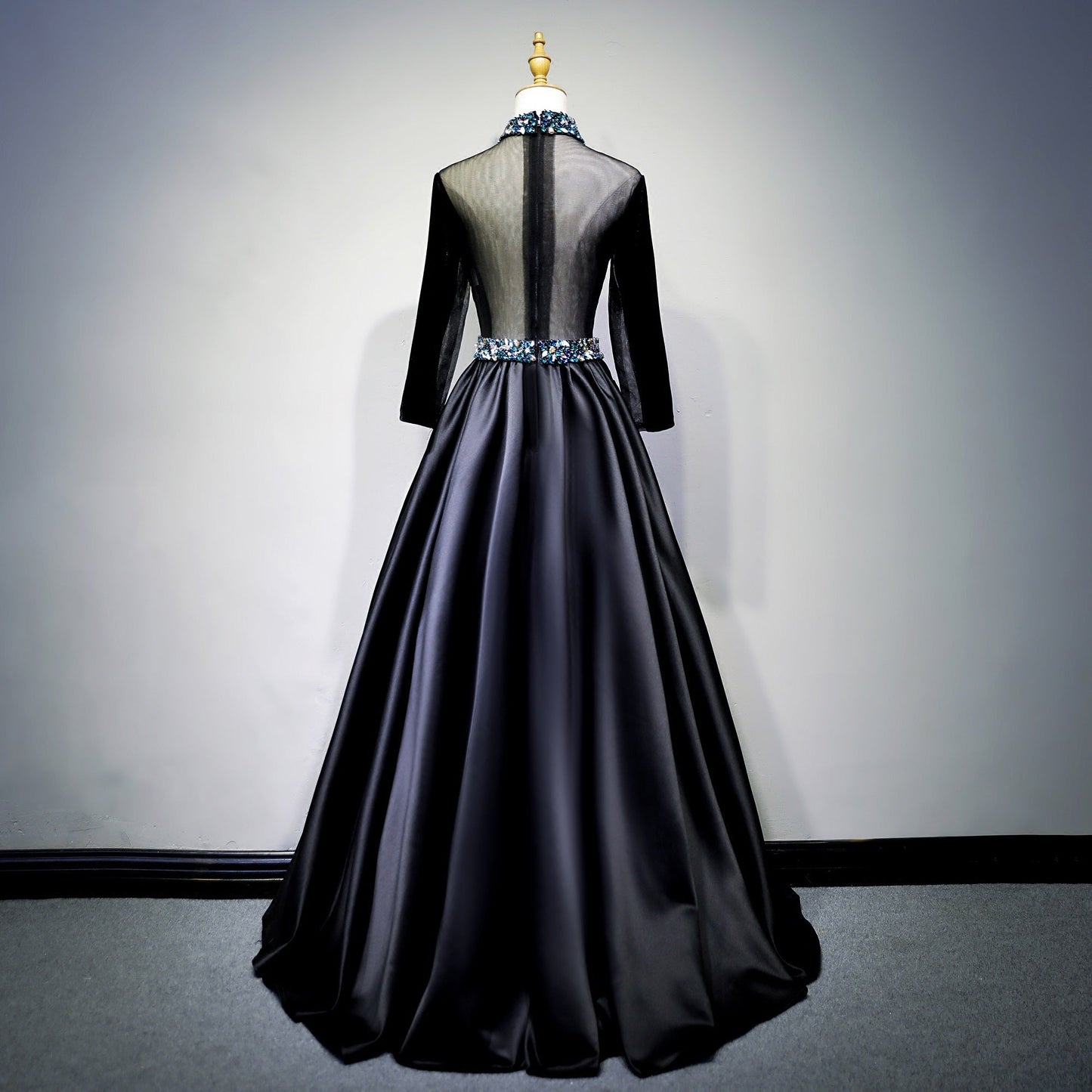 Tmallworld Black Satin and Velvet Long Sleeves Party Gown, Long Evening Dress