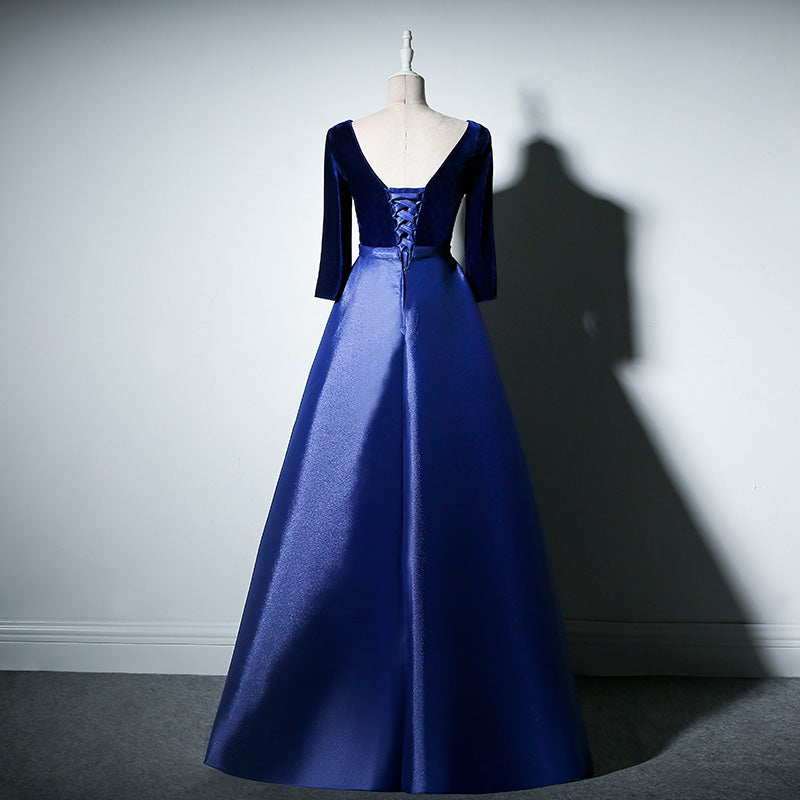 Tmallworld Charming Royal Blue Satin with Velvet Long Prom Dress, Bridesmaid Dress