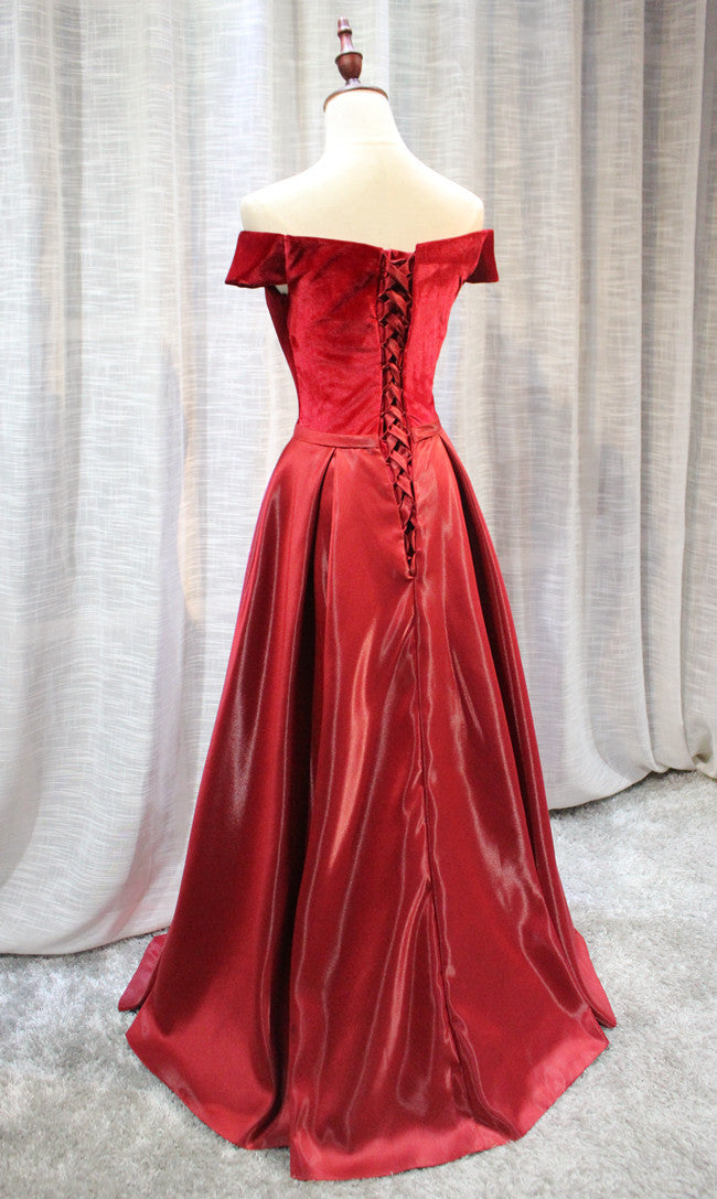 Tmallworld Red Velvet and Satin Long Off Shoulder Formal Dress, Beautiful Prom Dress