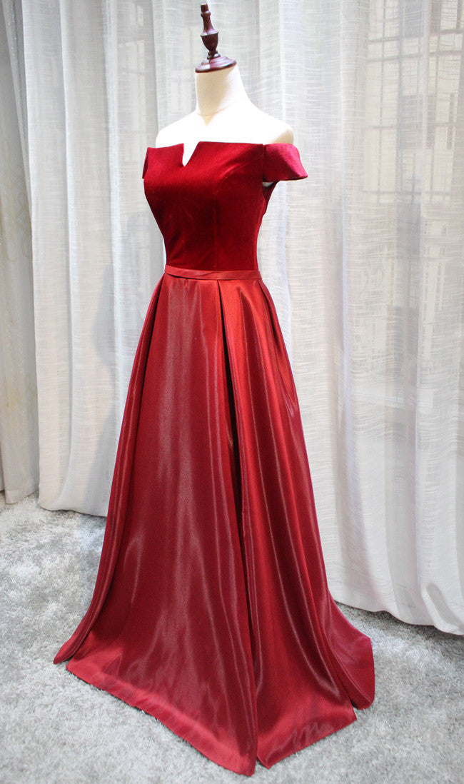 Tmallworld Red Velvet and Satin Long Off Shoulder Formal Dress, Beautiful Prom Dress