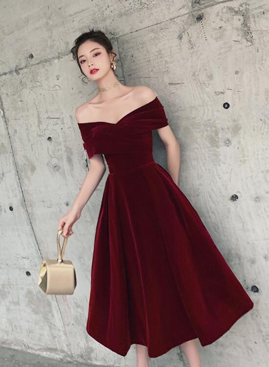 Tmallworld Wine Red Off Shoulder Chic Sweetheart Tea Length Party Dress,Velvet Evening Dress