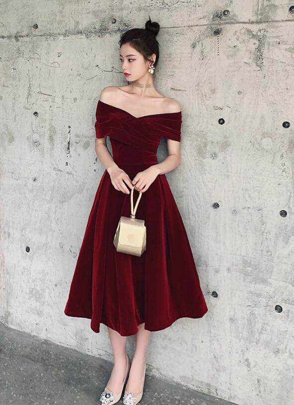 Tmallworld Wine Red Off Shoulder Chic Sweetheart Tea Length Party Dress,Velvet Evening Dress