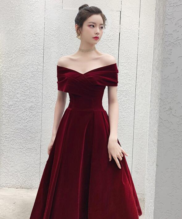 Tmallworld Wine Red Off Shoulder Chic Sweetheart Tea Length Party Dress,Velvet Evening Dress