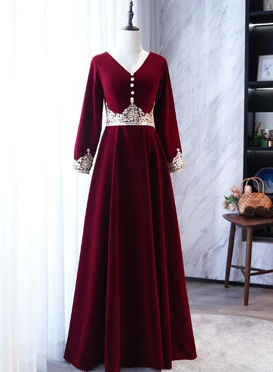 Tmallworld Wine Red Velvet A-line Long Sleeves Bridesmaid Dress with Lace, Dark Red Party Dresses