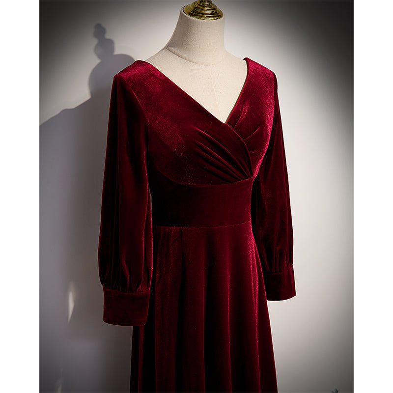 Tmallworld Wine Red Velvet Long Sleeves V-neckline Wedding Party Dresses, Dark Red Prom Dresses