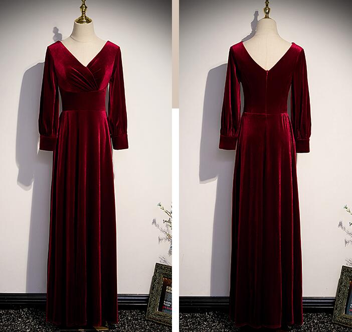 Tmallworld Wine Red Velvet Long Sleeves V-neckline Wedding Party Dresses, Dark Red Prom Dresses