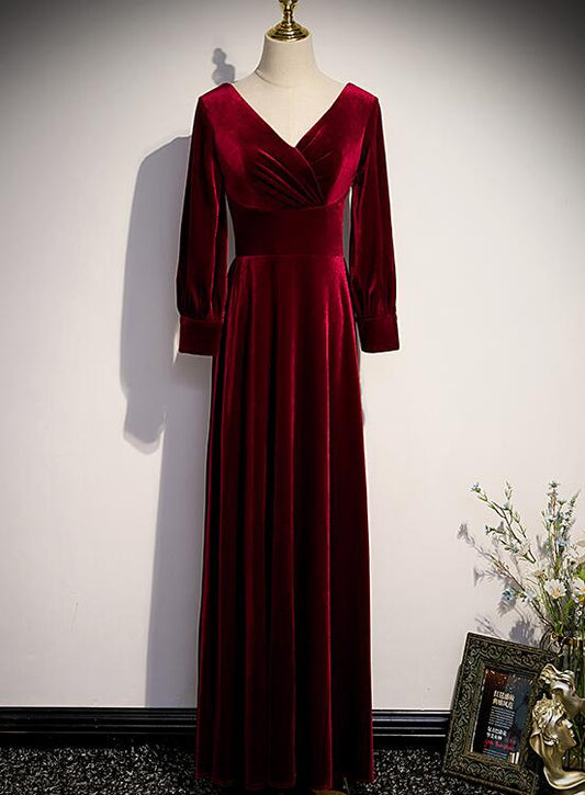 Tmallworld Wine Red Velvet Long Sleeves V-neckline Wedding Party Dresses, Dark Red Prom Dresses