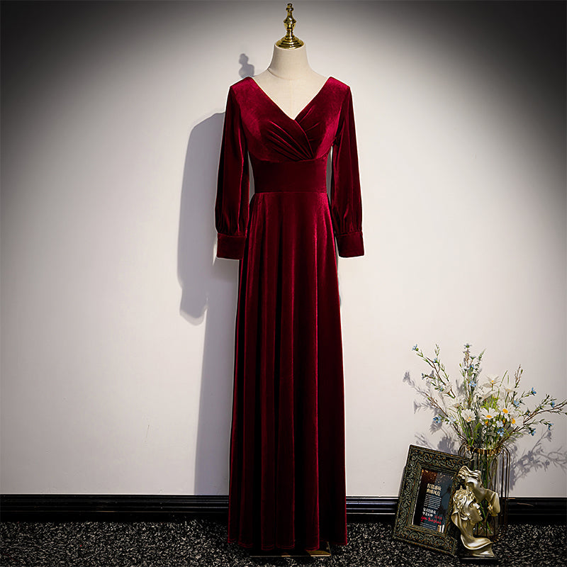 Tmallworld Wine Red Velvet Long Sleeves V-neckline Wedding Party Dresses, Dark Red Prom Dresses