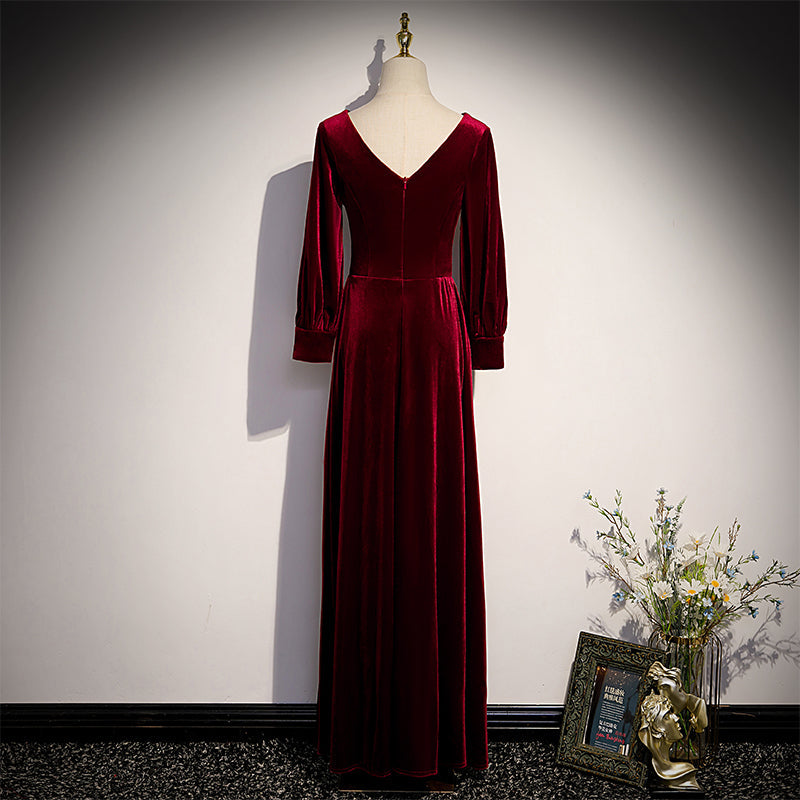 Tmallworld Wine Red Velvet Long Sleeves V-neckline Wedding Party Dresses, Dark Red Prom Dresses