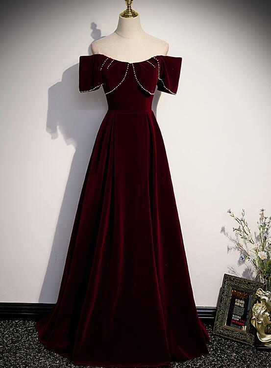 Tmallworld Wine Red Velvet Off the Shoulder Beaded Long Party Dress Prom Dress, Dark Red Bridesmaid Dresses