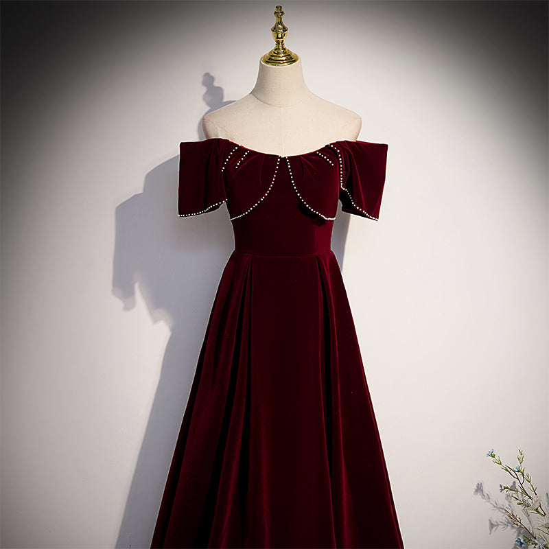 Tmallworld Wine Red Velvet Off the Shoulder Beaded Long Party Dress Prom Dress, Dark Red Bridesmaid Dresses