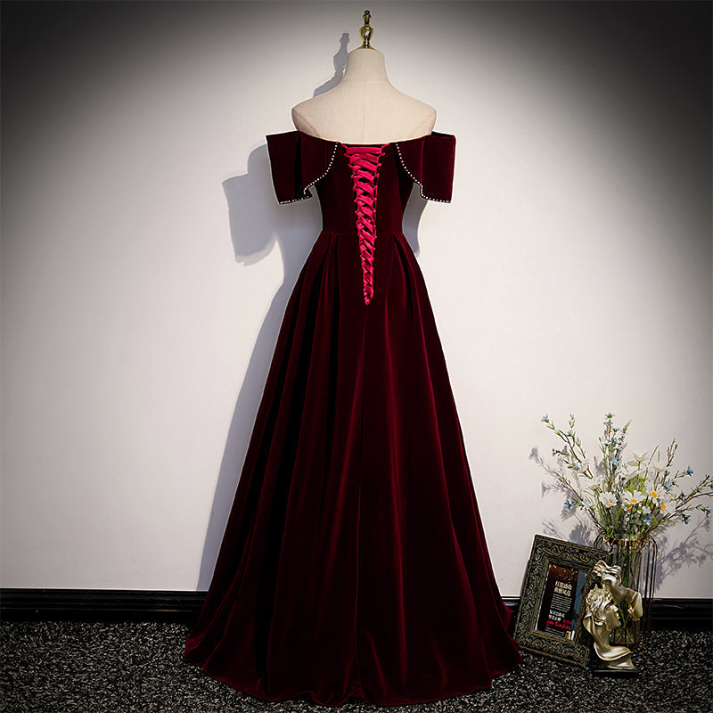 Tmallworld Wine Red Velvet Off the Shoulder Beaded Long Party Dress Prom Dress, Dark Red Bridesmaid Dresses