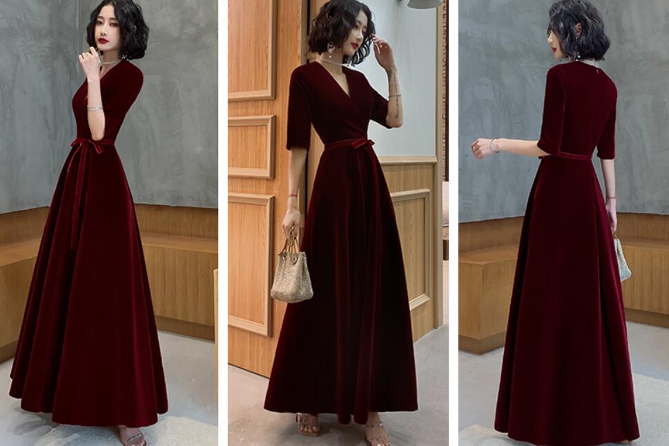 Tmallworld Wine Red Velvet Short Sleeves V-neckline Simple Wedding Party Dress, Wine Red Bridesmaid Dress