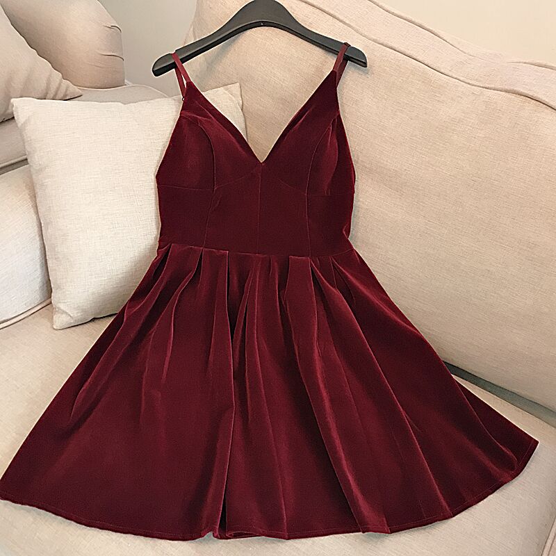 Tmallworld Wine Red Velvet Short V Back Homecoming Dress Party Dress, Dark Red Short Prom Dress