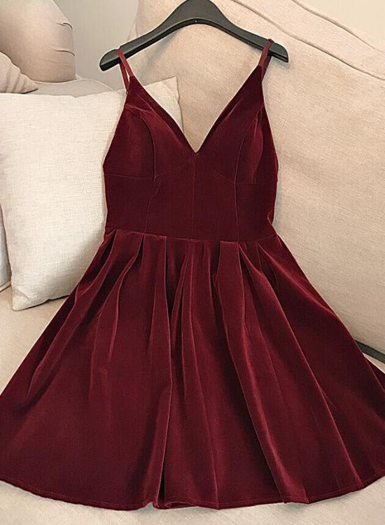 Tmallworld Wine Red Velvet Short V Back Homecoming Dress Party Dress, Dark Red Short Prom Dress