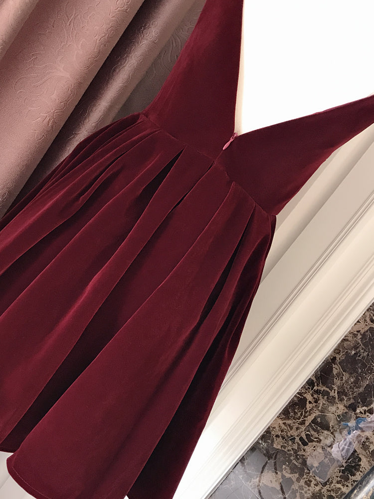 Tmallworld Wine Red Velvet Short V Back Homecoming Dress Party Dress, Dark Red Short Prom Dress