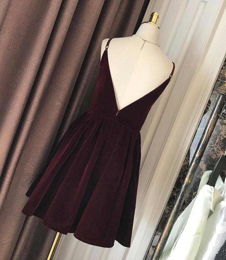 Tmallworld Wine Red Velvet Short V Back Homecoming Dress Party Dress, Dark Red Short Prom Dress