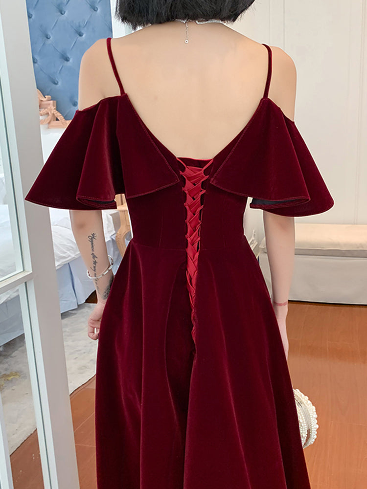 Tmallworld Wine Red Velvet Straps V-neckline Long Party Dress, A-line Burgundy Formal Dresses