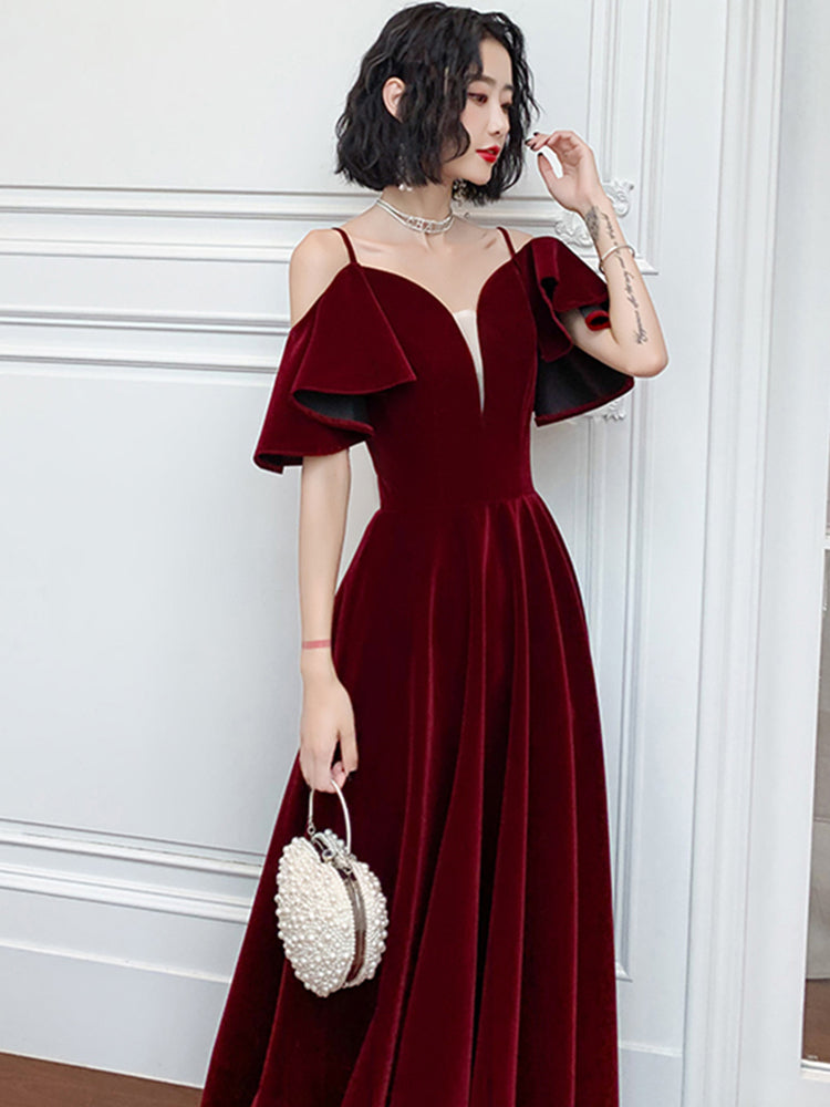 Tmallworld Wine Red Velvet Straps V-neckline Long Party Dress, A-line Burgundy Formal Dresses