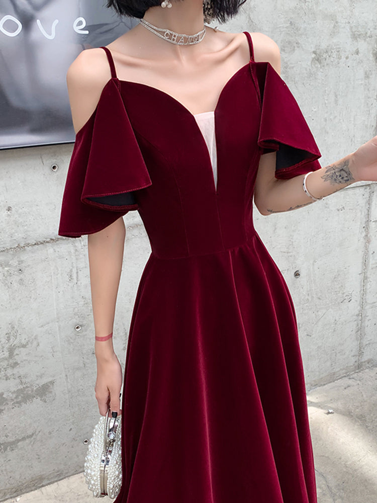 Tmallworld Wine Red Velvet Straps V-neckline Long Party Dress, A-line Burgundy Formal Dresses