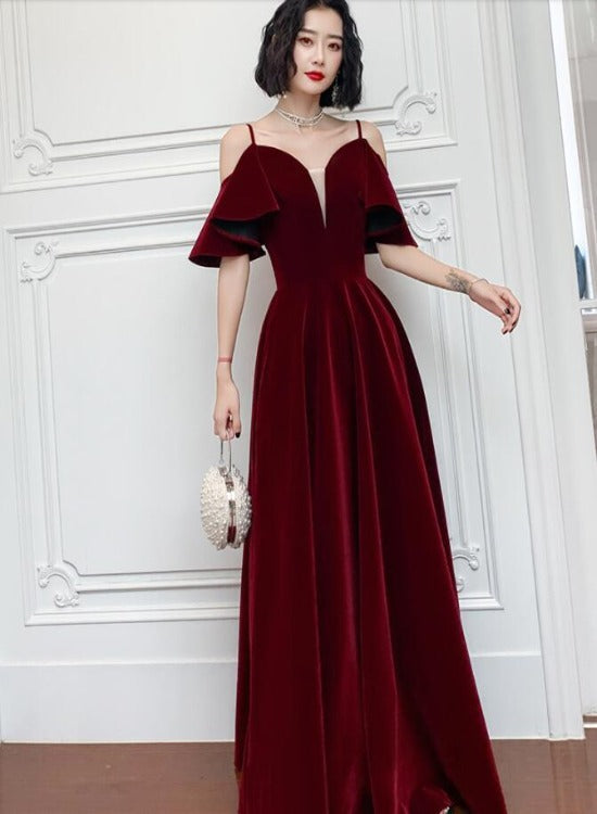 Tmallworld Wine Red Velvet Straps V-neckline Long Party Dress, A-line Burgundy Formal Dresses