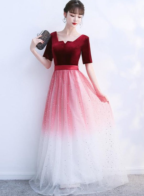 Tmallworld Wine Red Velvet Top Gradient Tulle Long Evening Dress Party Dress, A-line Simple Bridesmaid Dresses