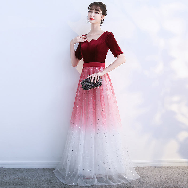 Tmallworld Wine Red Velvet Top Gradient Tulle Long Evening Dress Party Dress, A-line Simple Bridesmaid Dresses