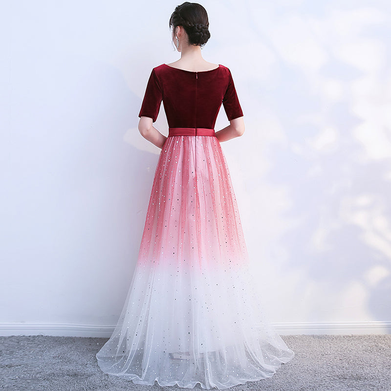 Tmallworld Wine Red Velvet Top Gradient Tulle Long Evening Dress Party Dress, A-line Simple Bridesmaid Dresses