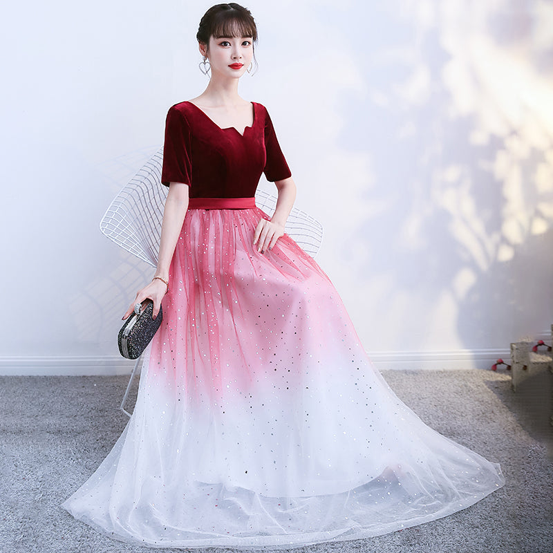 Tmallworld Wine Red Velvet Top Gradient Tulle Long Evening Dress Party Dress, A-line Simple Bridesmaid Dresses