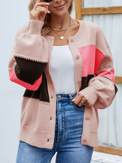 swvws Color Block Button Up Lantern Sleeve Cardigan