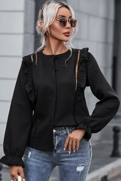 swvws Ruffled Button Up Round Neck Shirt