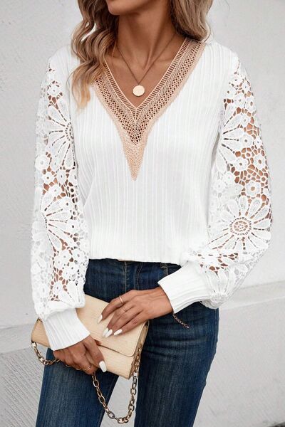 swvws Lace Detail V-Neck Long Sleeve Blouse