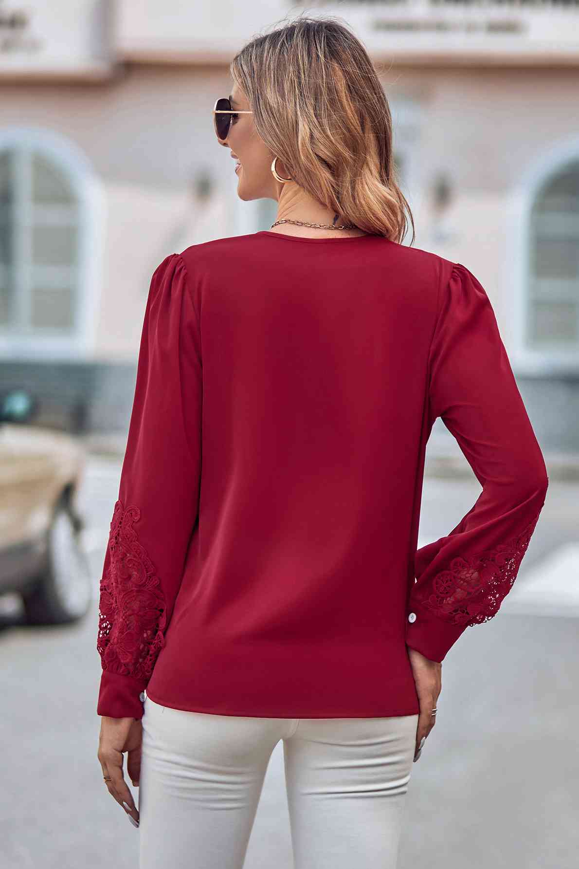 swvws Spliced Lace V-Neck Puff Sleeve Shirt