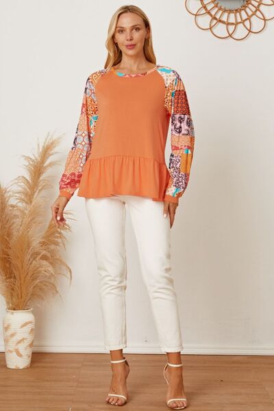 swvws Printed Round Neck Peplum Blouse