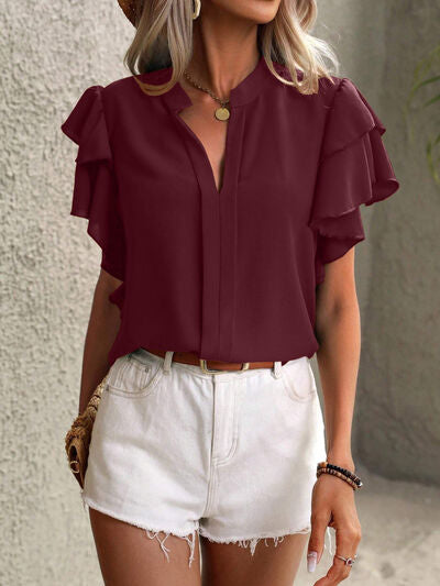 swvws Ruffled Notched Short Sleeve Blouse