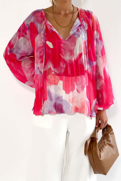 swvws Printed Tie Neck Balloon Sleeve Blouse